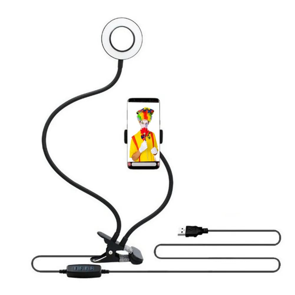 Selfie Ring Lamp Smartphone Stand Clip Type Black Dimmable Tabletop Light Phone Holder Photography Video Fill Light