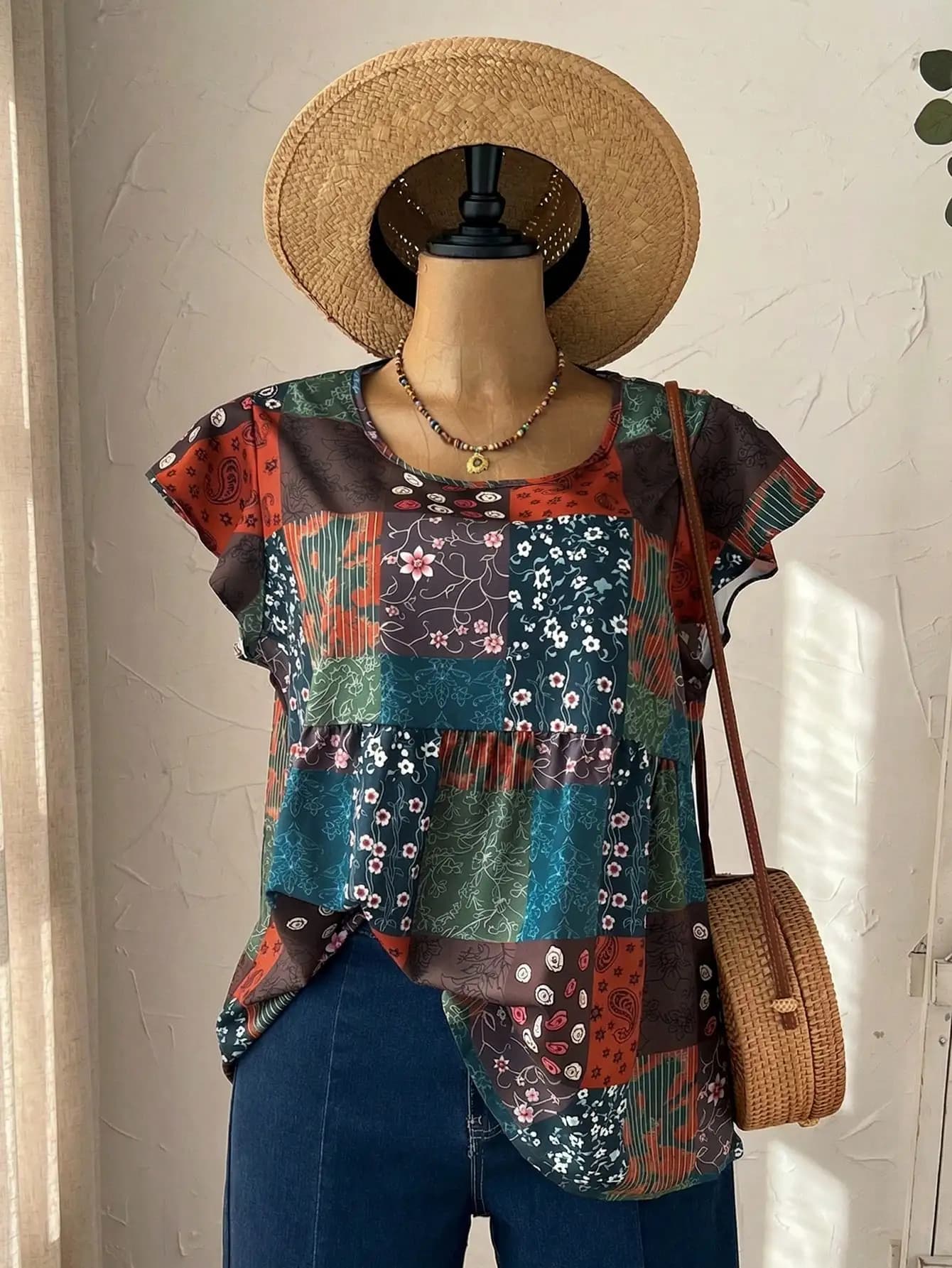 Camicetta da donna con stampa patchwork e maniche ad aletta, top estivo casual in stile boho