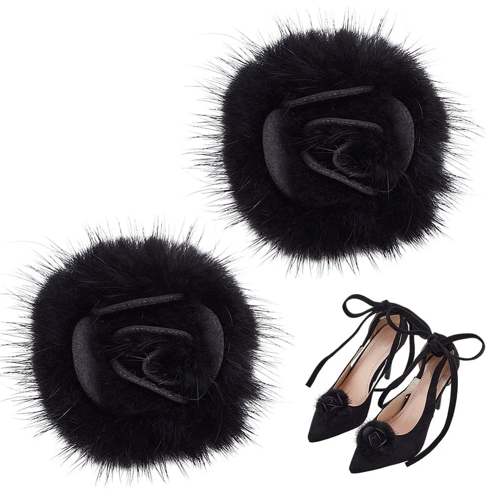 2Pcs Flower Imitation Mink Hair Shoe Decoration Detachable Shoe Buckle Clips Black 60x23mm