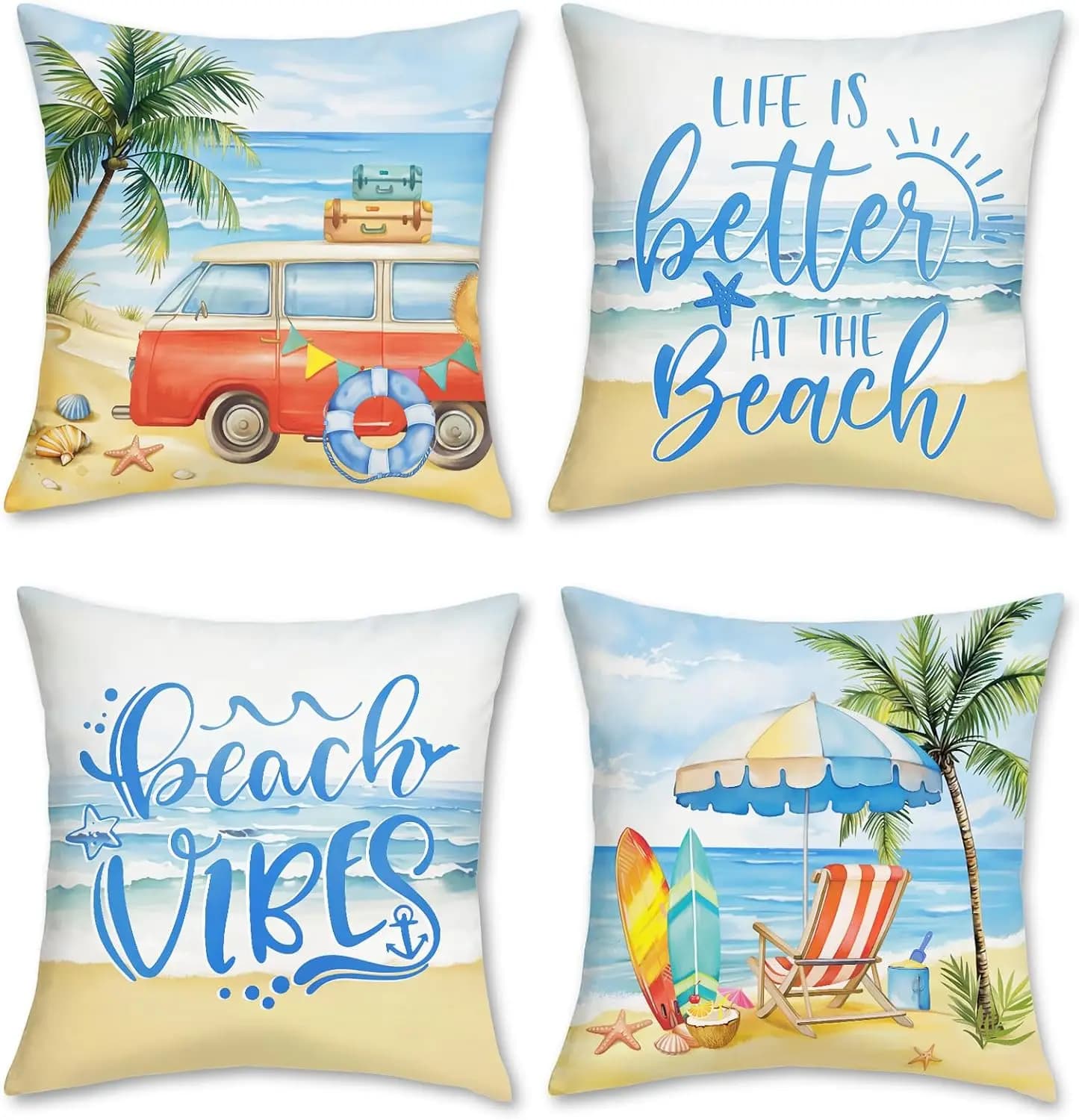 4 Piece Beach Throw Pillow Covers Set Boho Tropical Summer Vacation Ocean Coastal Decor Cushion Polyester Accent Sofa Gift