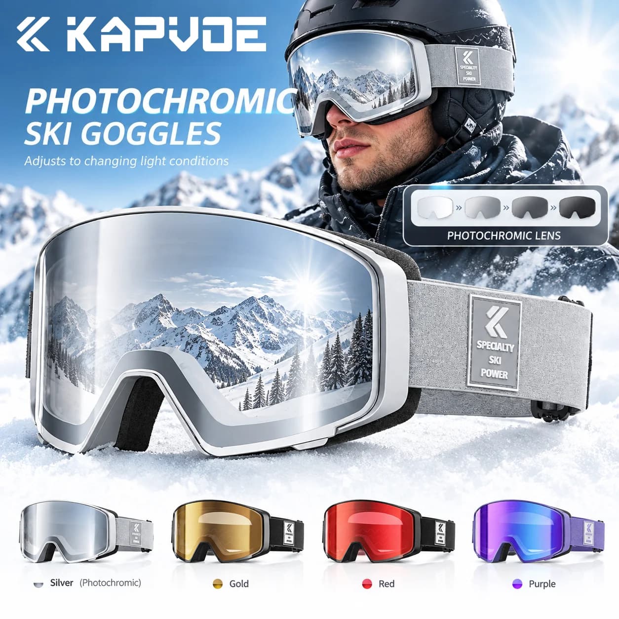 Kapvoe New Photochromic Snow Goggles Women Ski Goggles Snowboarding Snow Skiing Men Anti-Fog UV400 Snowmobile Glasses Motorcycle