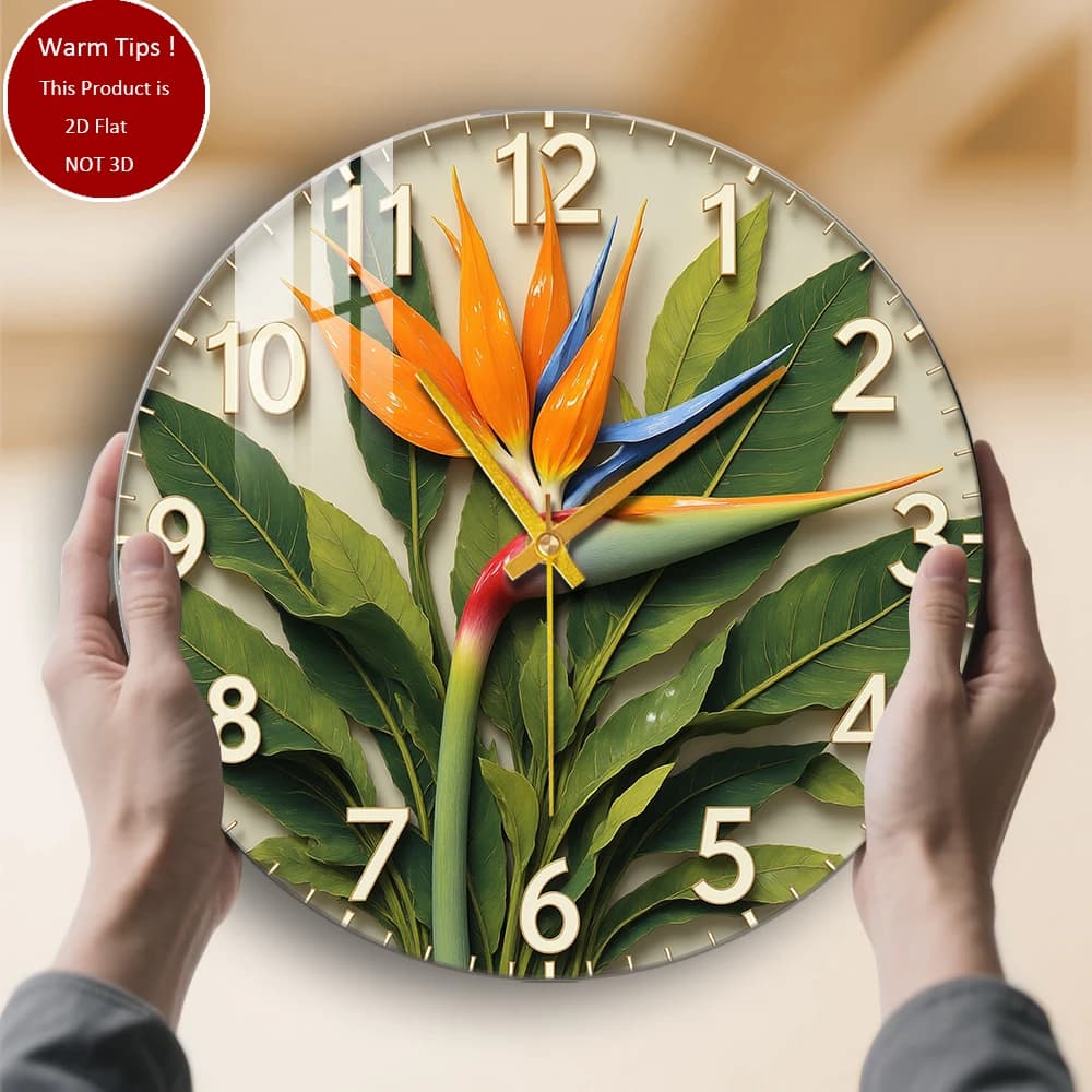 Tempered glass wall clock Watch with bird flowers of paradise suitable for wall decorations or table displays everywhere