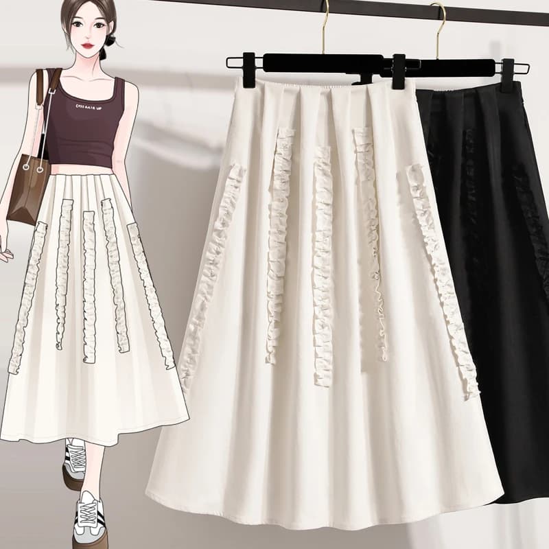 Spring Summer New plus Size Women's Loose Lace A-Line Skirt Slimming Casual Skirts for Plump MM High Waist Cotton Blend