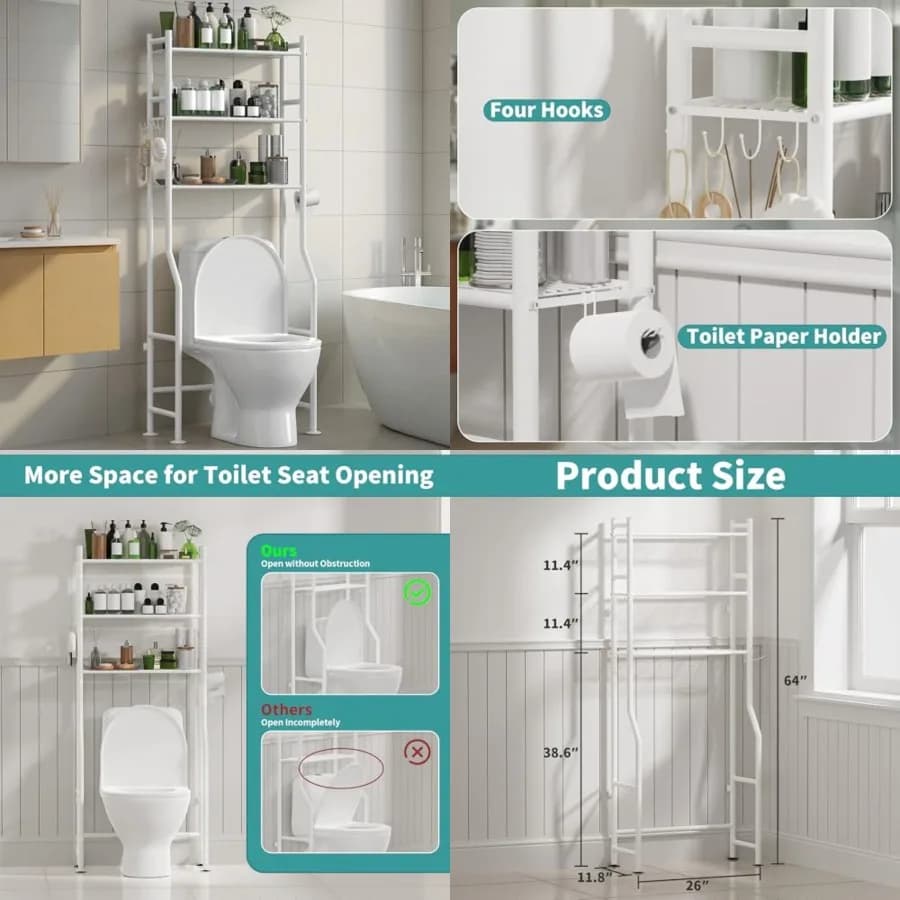 Organizzatore a 3 livelli da posizionare sopra il WC, scaffale salvaspazio per il bagno con porta carta igienica e 4 ganci, autoportante, altezza 64 pollici, in carbonio.