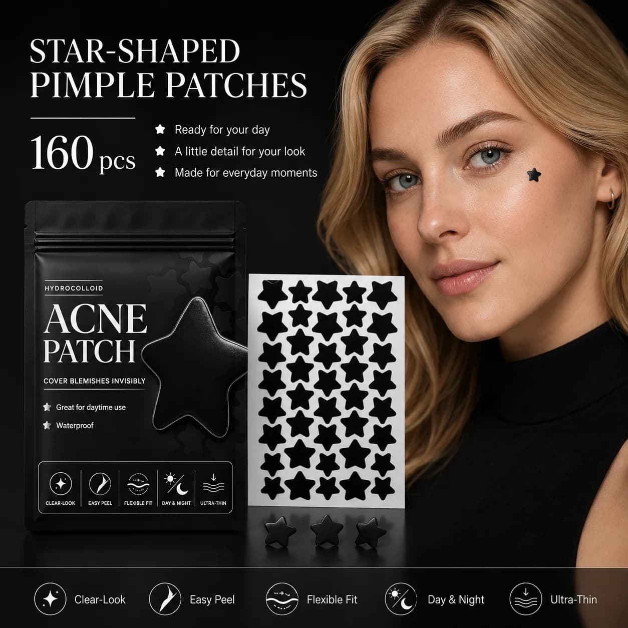 160pcs Black Star-Shaped Pimple Patches, Hydrocolloid, Waterproof, Ultra-Thin, Easy Peel for Day & Night, Everyday Face Styling
