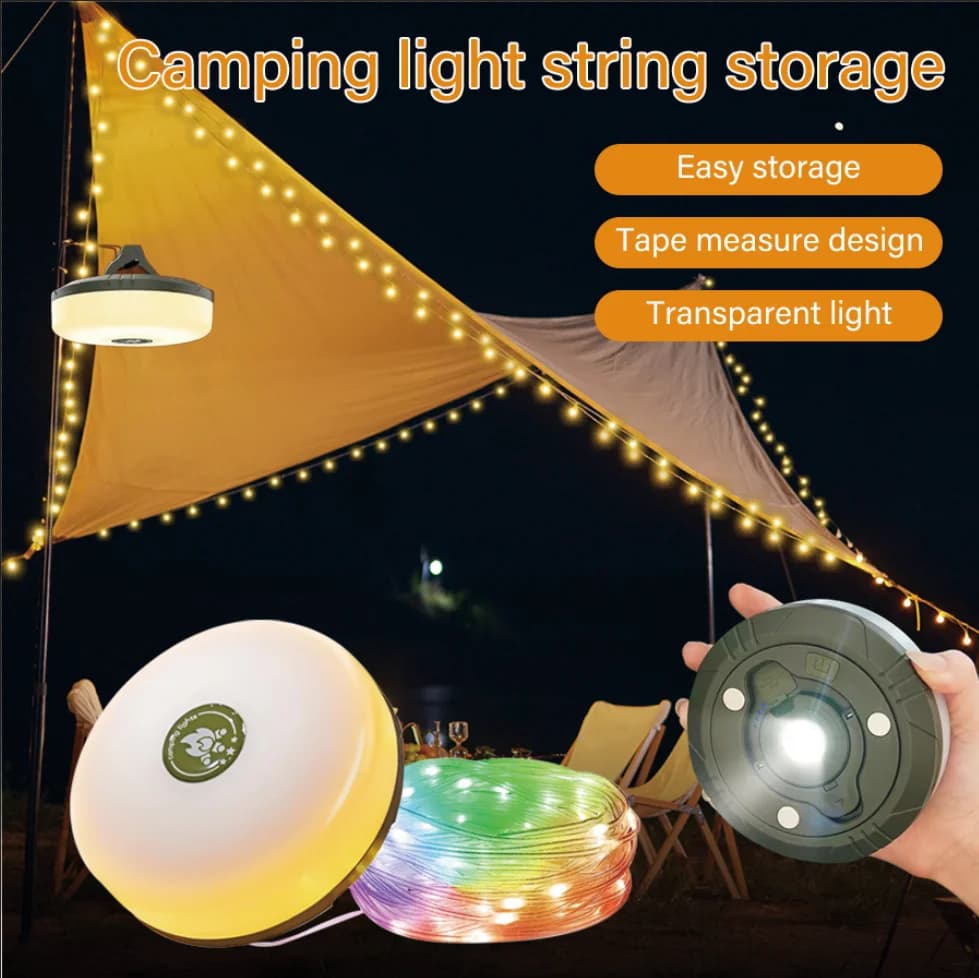 Lampada da campeggio 10M Luci a corda a bobina LED 4 in 1 Luce d'atmosfera RGB riciclabile solare/ricaricabile con gancio per tenda da giardino