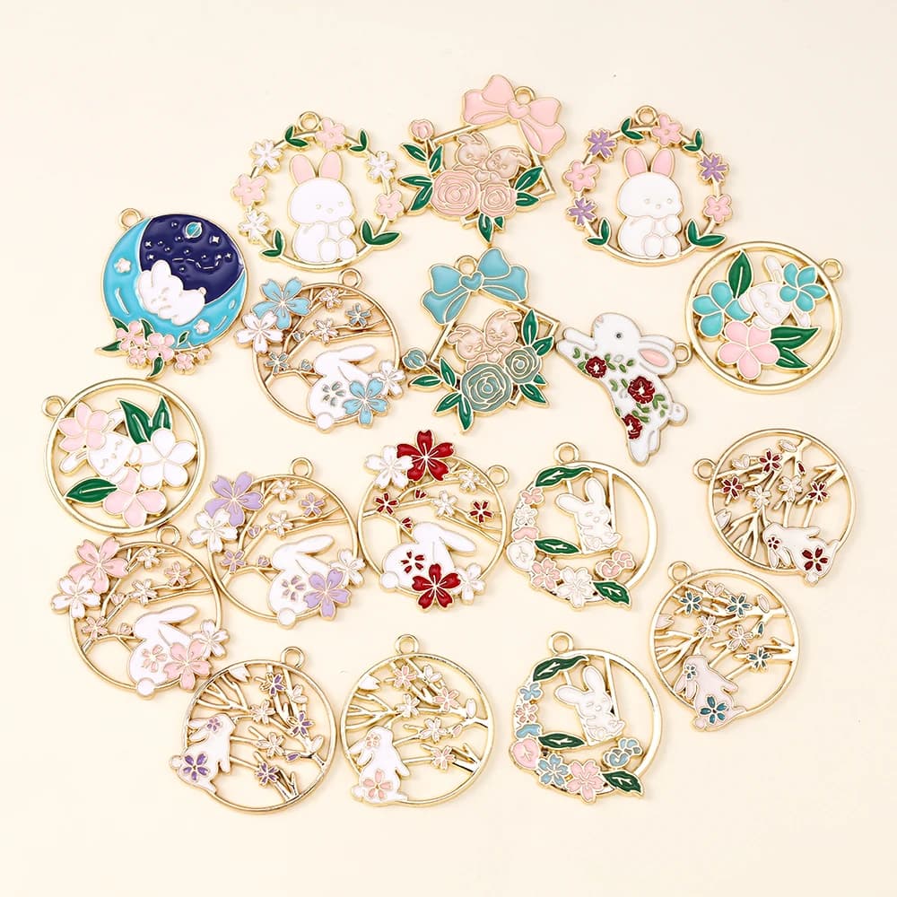 10pcs Cute Flower Rabbit Charms for Jewelry Making Necklace Earring Diy Alloy Gold Color Floral Cats Pendants Accessories