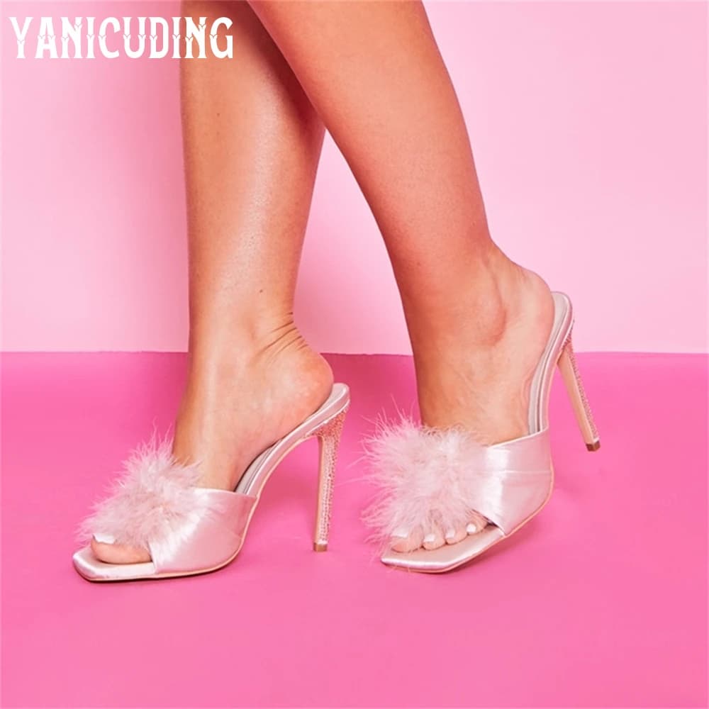 Pink Satin Rhinestone Stiletto Mules Cute Pink Fur Ball Slippers Fashion Style Handmade Shining Crystal Women's Summer Slippers
