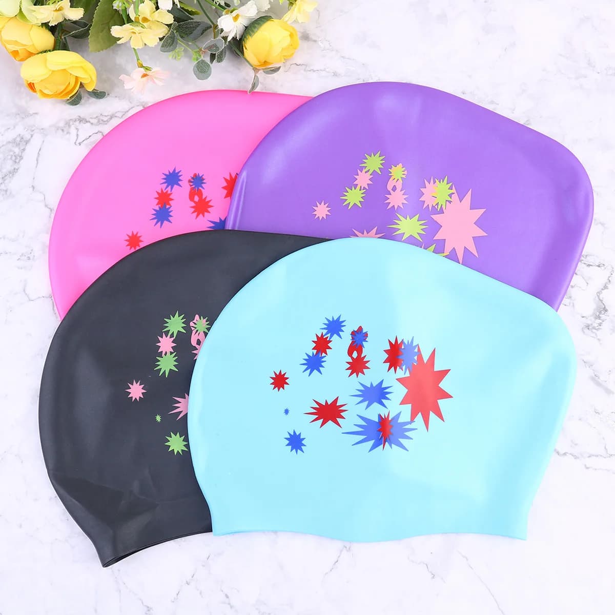 Pink Silicone Star Pattern Swimming Cap Waterproof Elastic Swim Hat Long Hair Protection Women Swim Cap Swimming Hat
