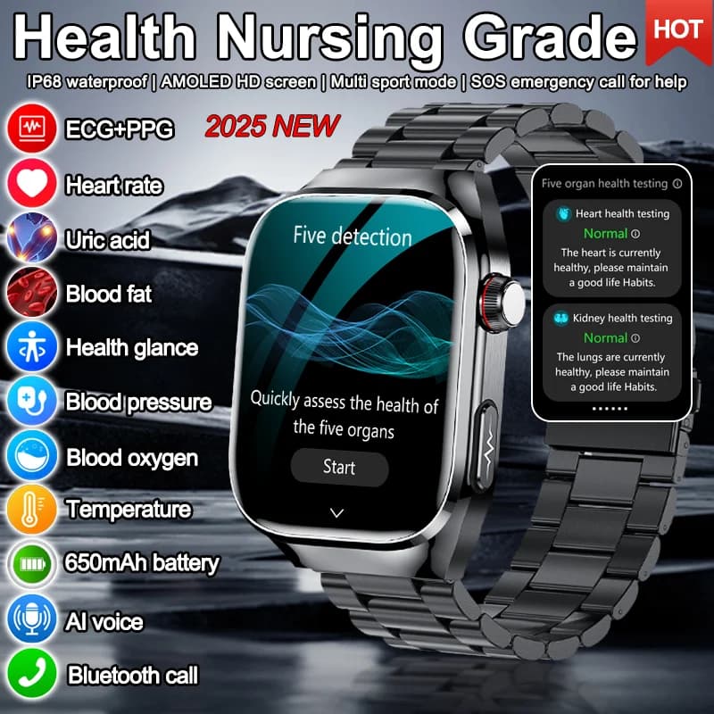 2025 New Men ECG + PPG Five Organs Health Diagnosis Smart Watch Urico Lipidi Acid in Blood Pressure Temperature Cardiaca Smartwatch Frequency
