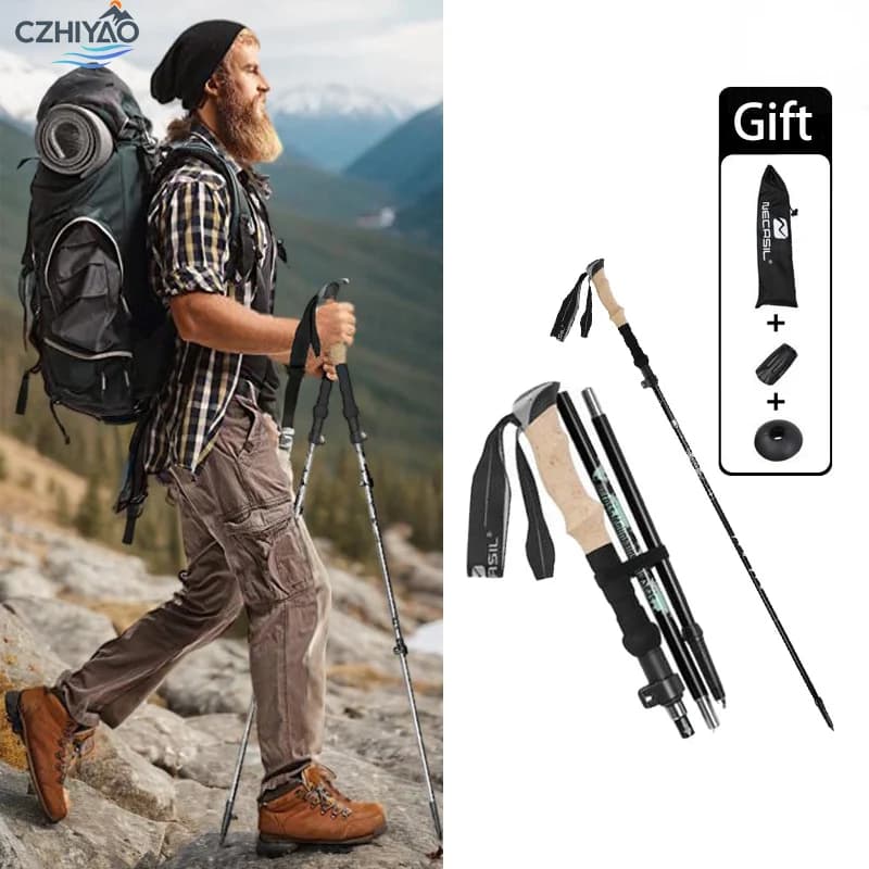 CZHIYAO 1 pcs Ultralight Aluminum Trekking Sticks-Grip Adjustable cork Folding Trekking Sticks Man Woman Backpack Mountaineering