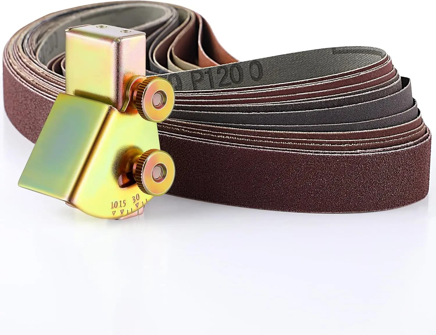 Set di 12 Nastri Abrasivi 1x30 con Guida Angolare per Affilatura Coltelli, Supporto Regolabile 10-45 Gradi per Levigatrice a Nastro