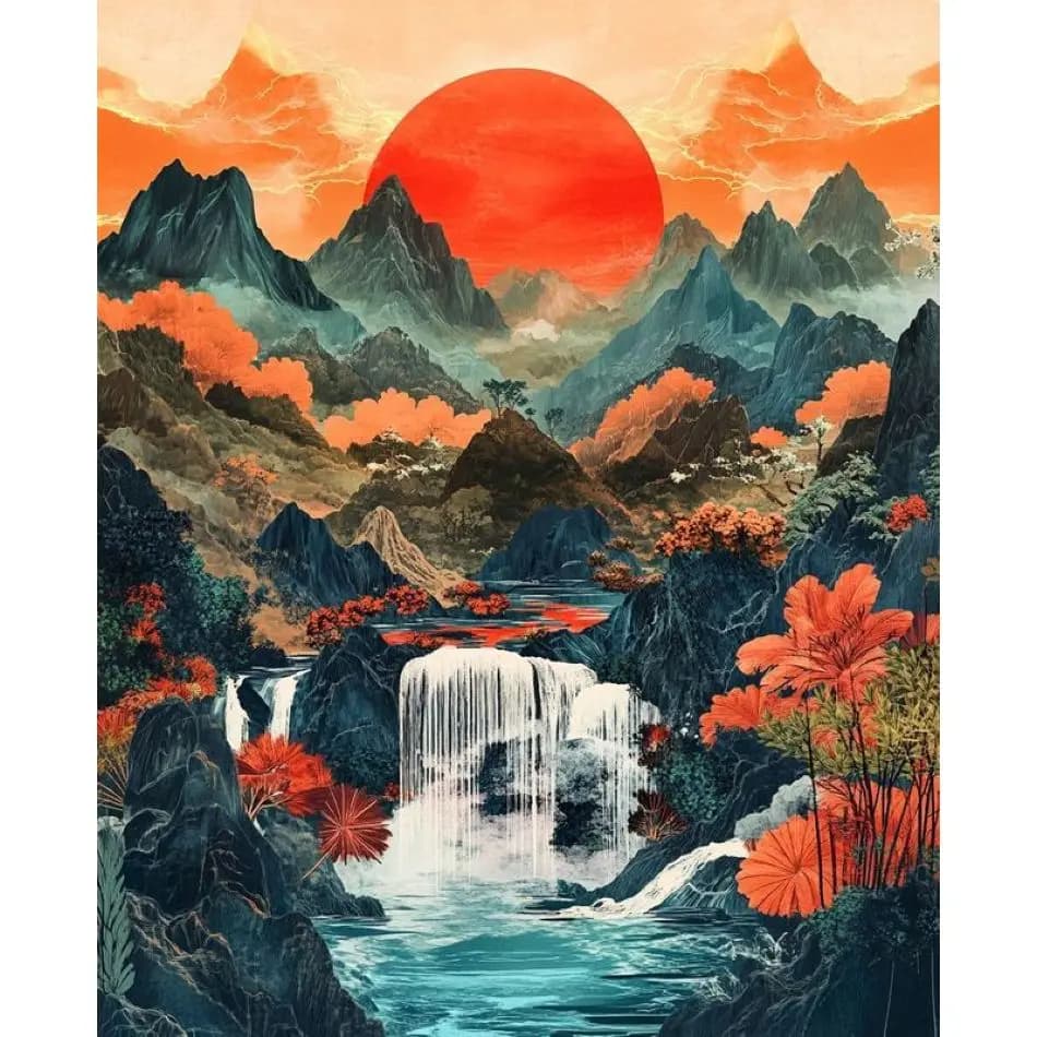 RUOPOTY Sunset And Waterfalls Diamond Painting Kits Living Room Decoration Diamond Art Embroidery Landscape Full Round Paint