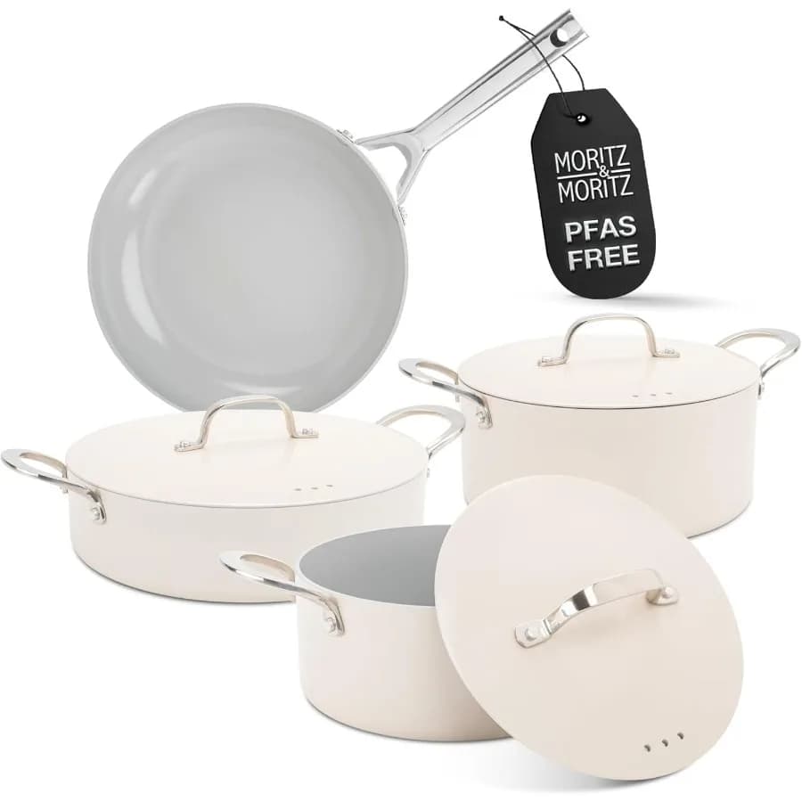 Set di pentole da 7 pezzi in alluminio pressofuso – Crema | Include 2 pentole con coperchi, 1 padella da portata con coperchio, 1 padella | Antiaderente, Induzione