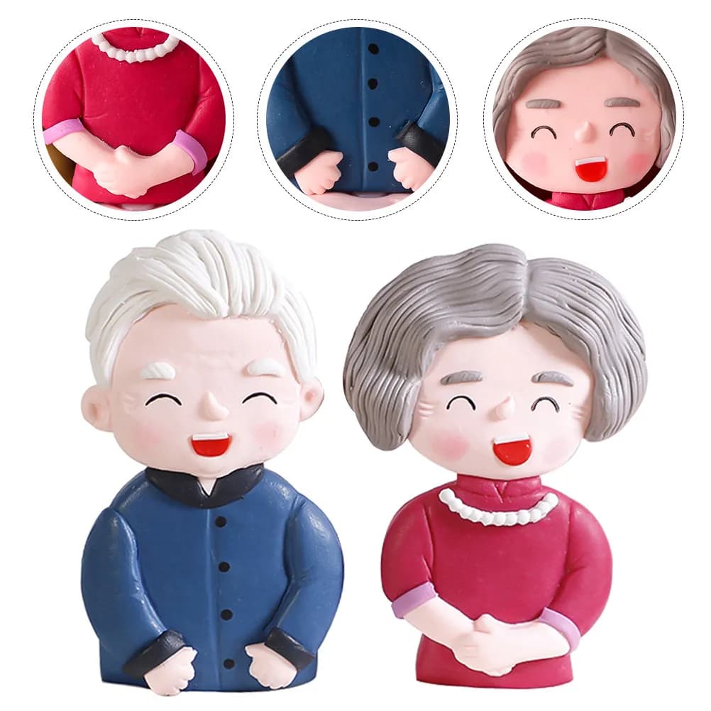 2Pcs Old Man Birthday Cake Toppers Cake Decoration Picks Food Grade Polymer Clay Golden Wedding Anniversary Elders Party