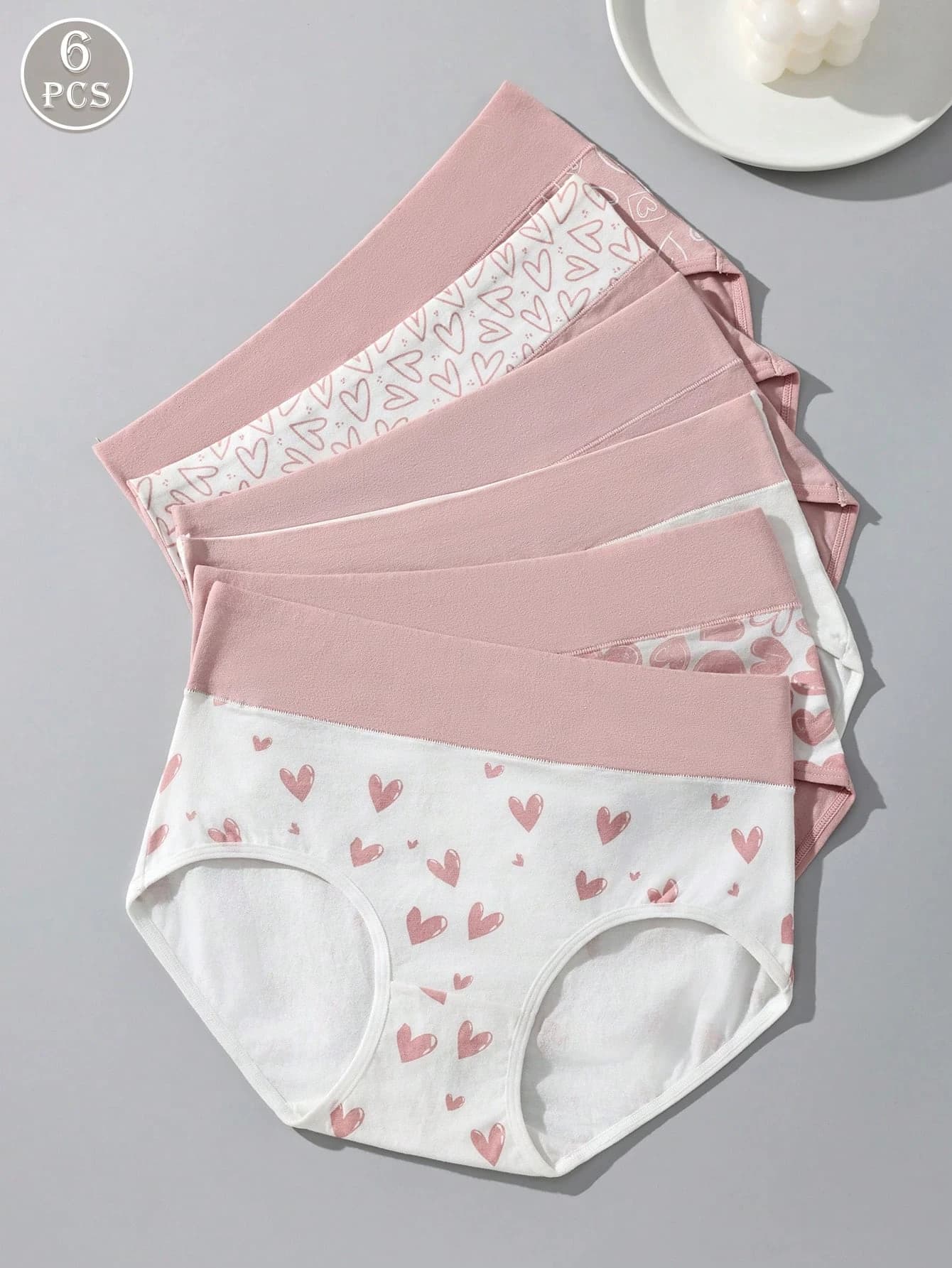 6-Pack Women's High Waist Pure Cotton Comfortable Underwear Fresh Pink Heart Print Briefs Daily Home