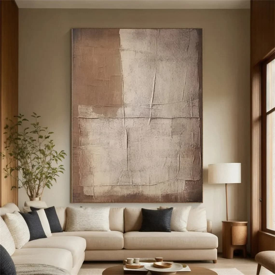 Large Beige Brown Abstract Boho Textured Handmade Canvas Painting Modern Home Wall Art Decor