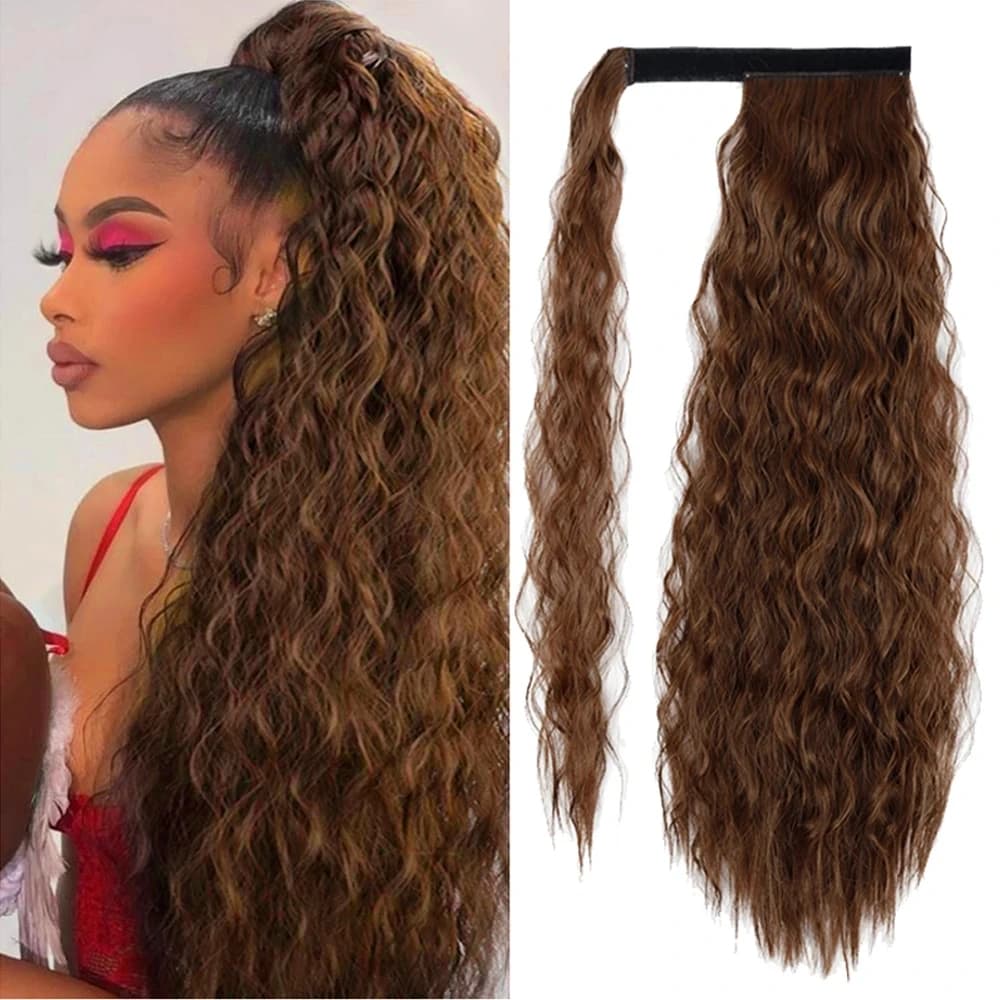 AZQUEEN Synthetic Corn Wavy Long Ponytail Hairpiece Wrap on Clip Hair Extensions Ombre Brown Pony Tail Blonde Fack Hair