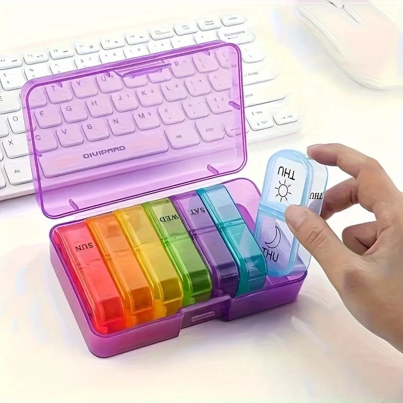 Organizzatore di pillole da viaggio da 7 pezzi/set, scomparti AM/PM con colori arcobaleno, custodia per farmaci portatile per la conservazione quotidiana delle vitamine