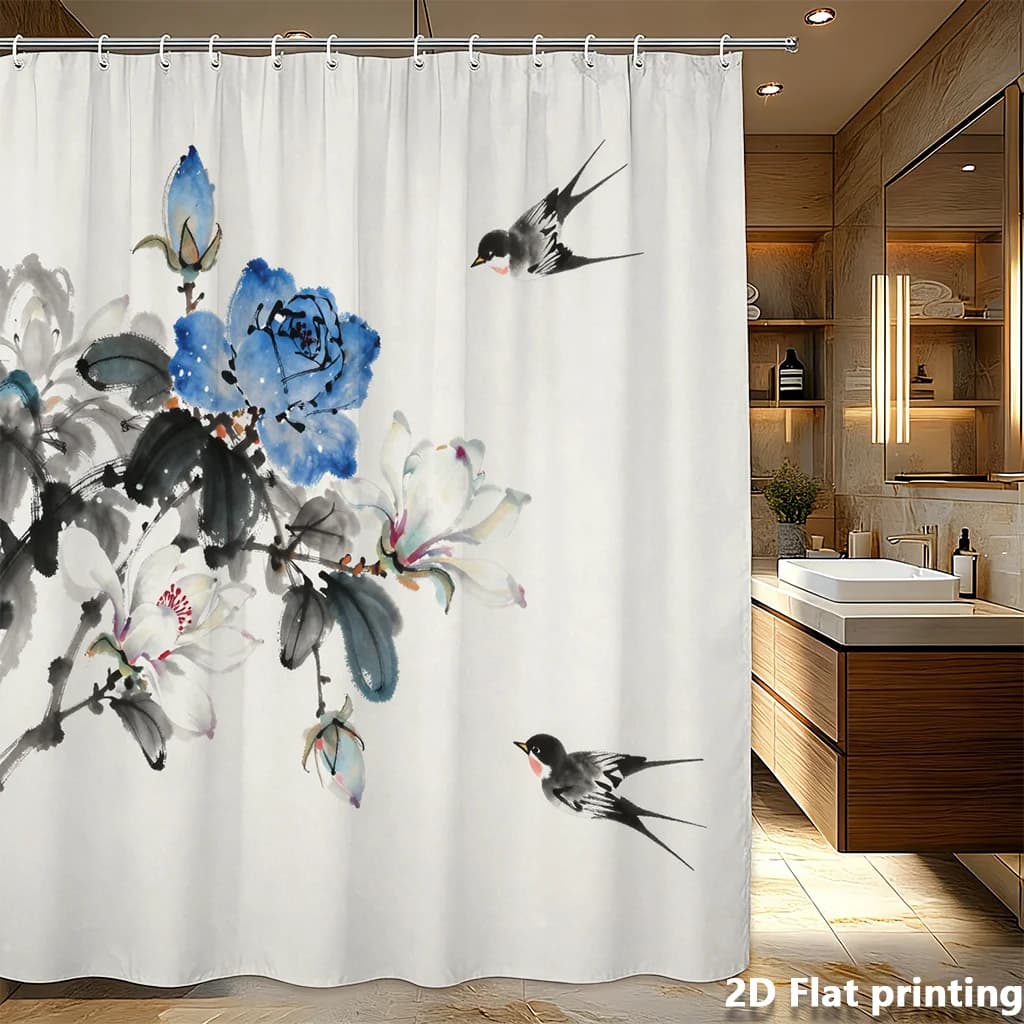 Tenda da doccia con motivo floreale blu e rondine - Stampa digitale 2D in poliestere, con occhielli, 72x72 pollici, decorazione zen per il bagno
