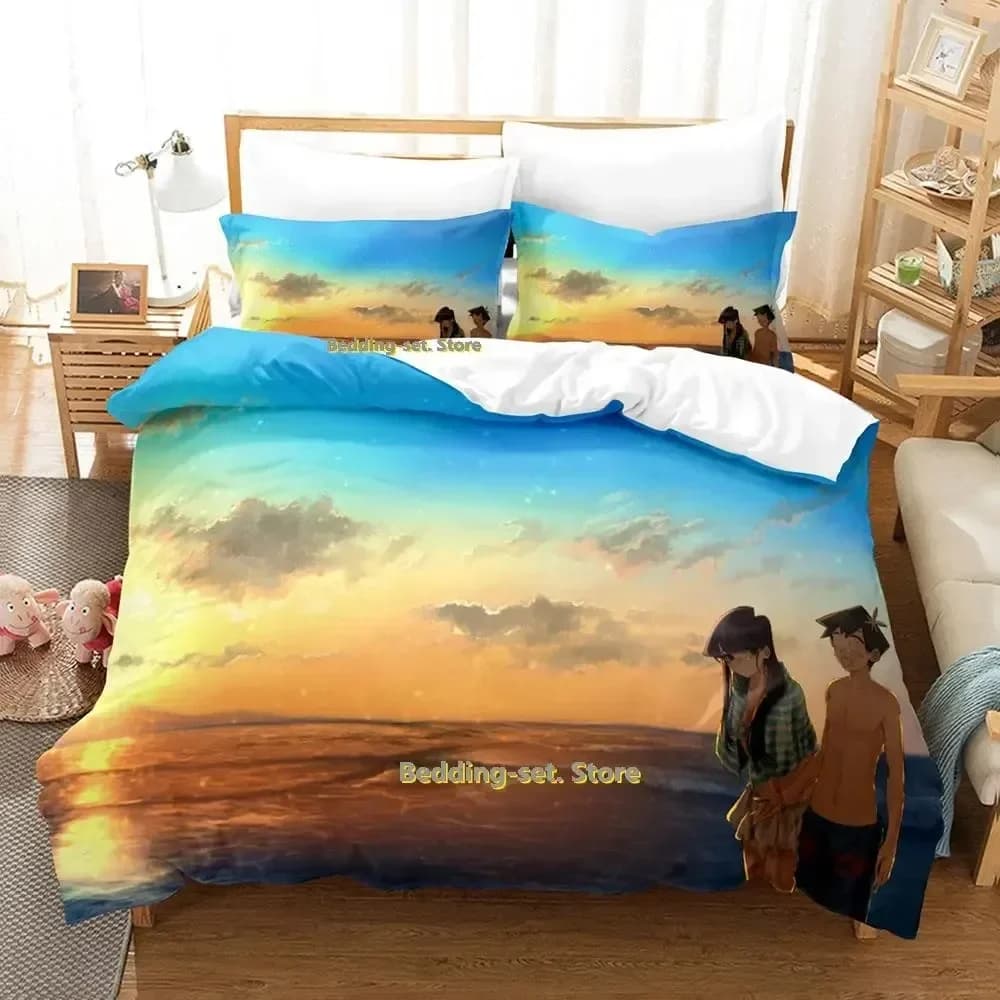 Nuovo set di biancheria da letto Komi Can't Communicate, set di tre pezzi con personaggi dei cartoni animati, set copripiumino per adulti e bambini, biancheria da letto 3D Kawaii per ragazze