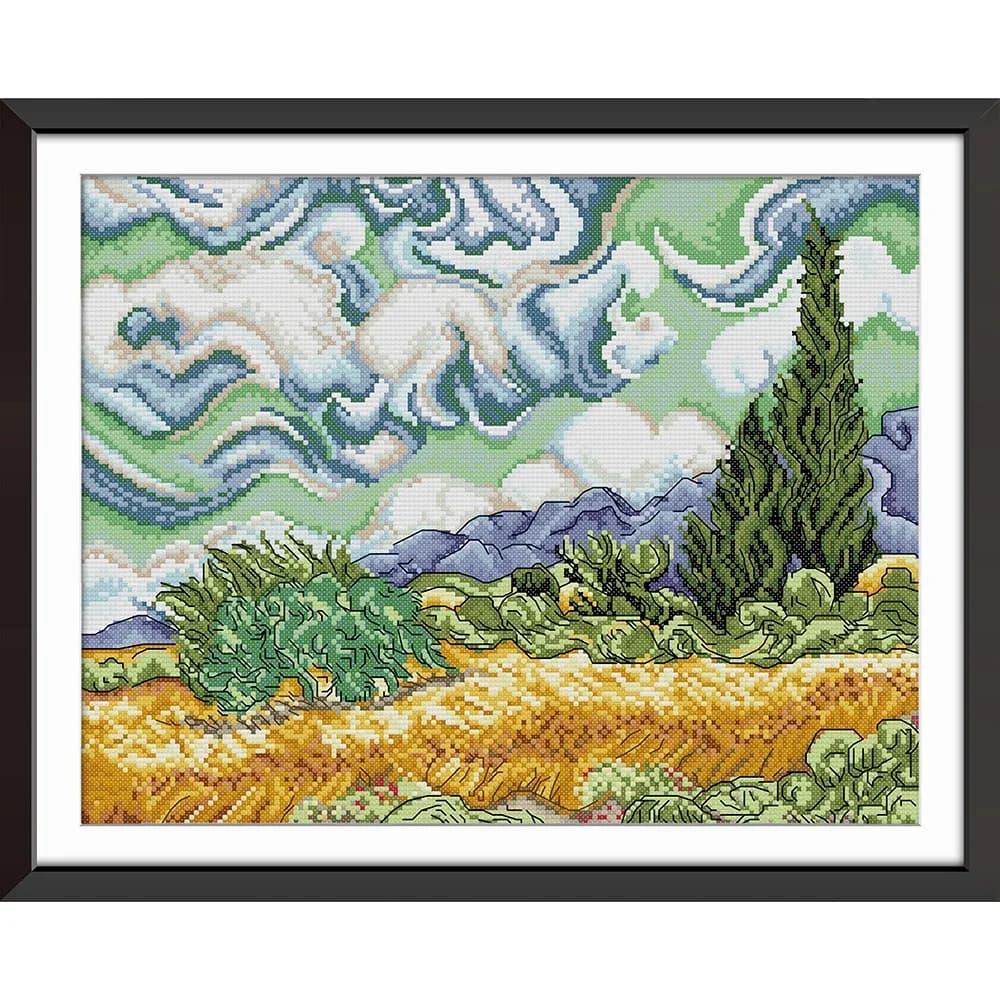News Pre-Printed Cross Stitch Kit, Stamped Aida Fabric With DMC Threads, Embroidery Kit - Sky