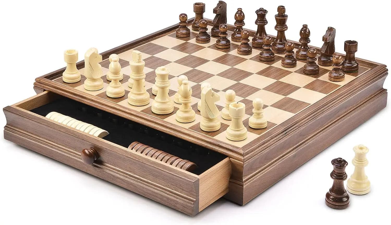 Set di scacchi e dama in legno 15" x 15" con cassetto portaoggetti, pezzi pesati, 2 regine extra, 24 dama, gioco da tavolo classico 2-in-1