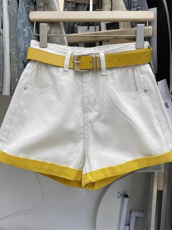 Shorts in denim a vita alta e gamba larga, stile studentesco, effetto lavato, color block, casual, per il tempo libero estivo