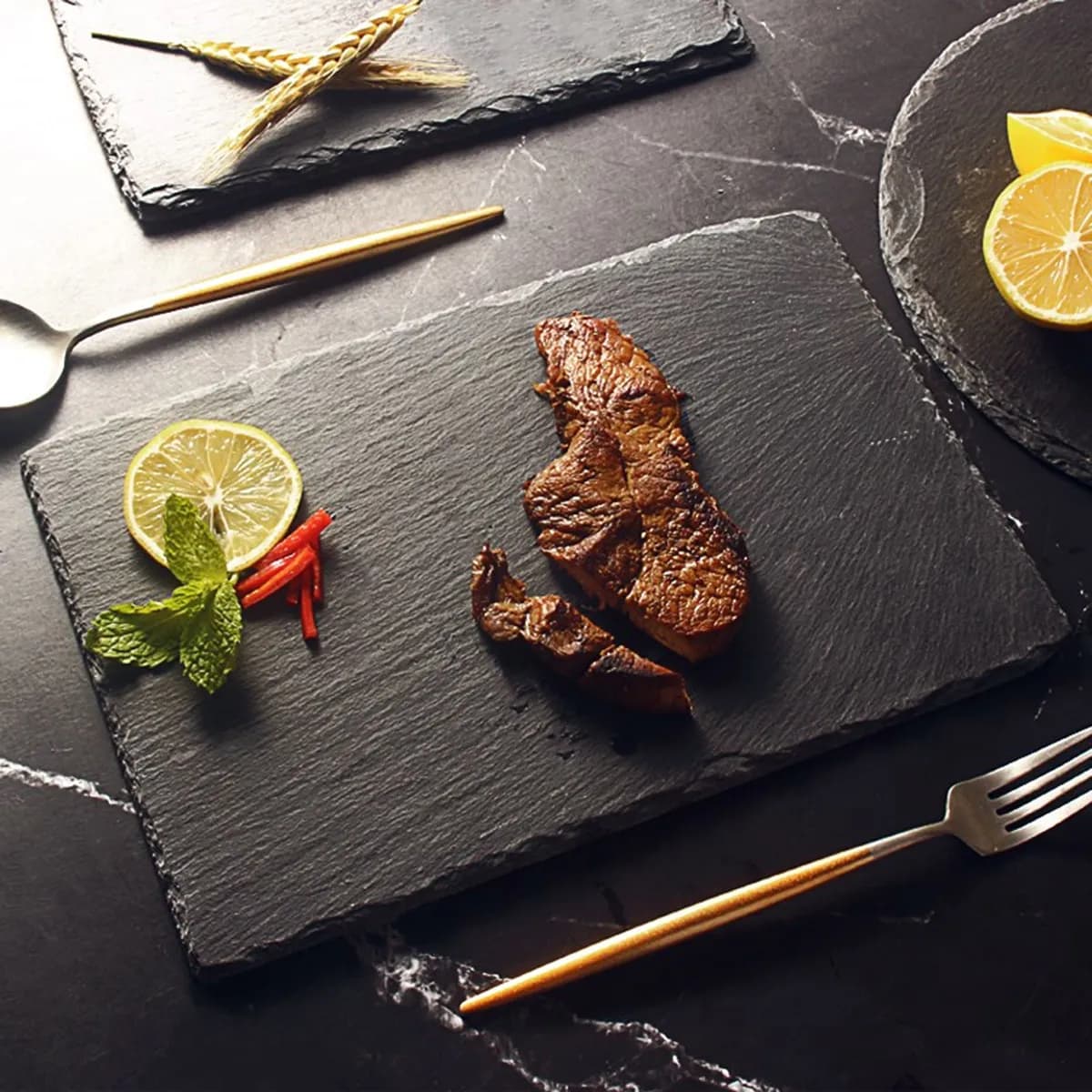 Natural Rectangular Plate 25x12cm Black Stone Serving Tray Cake Sushi Pizza Cheese Fruit Presentation Plate