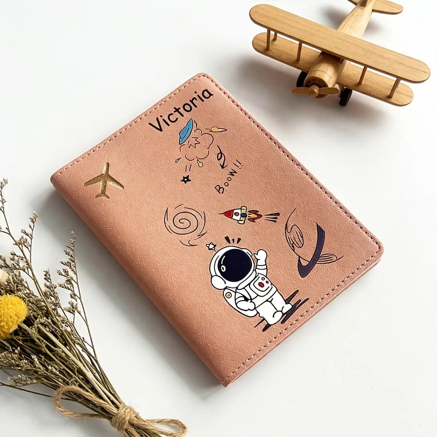 1pc Customizable Text Name Fashion Passport Holder, Cute Cartoon Astronaut Design,Flip-Open Style for Easy Use, Travel Essential