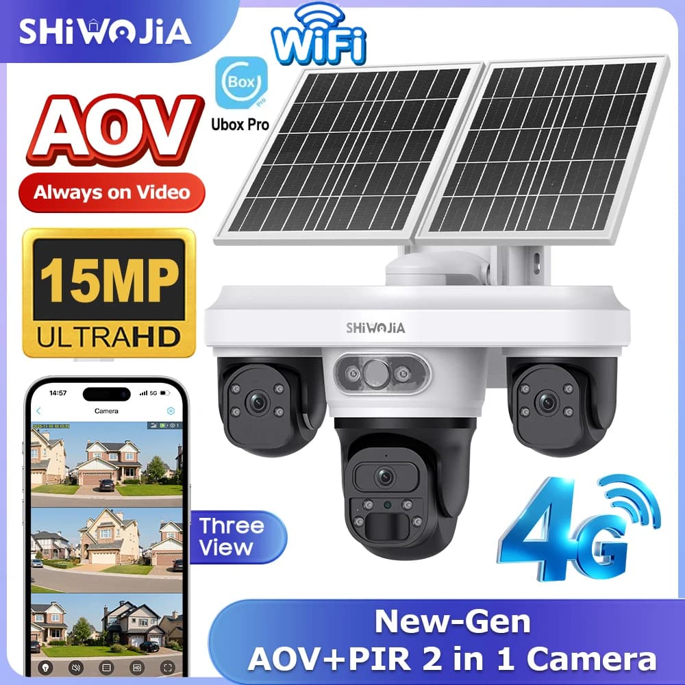 SHIWOJIA 15MP Solar camera AOV 4G SIM Three screens WIFI Wireless camera PTZ external security video recording 7/24 hours UBOXPRO