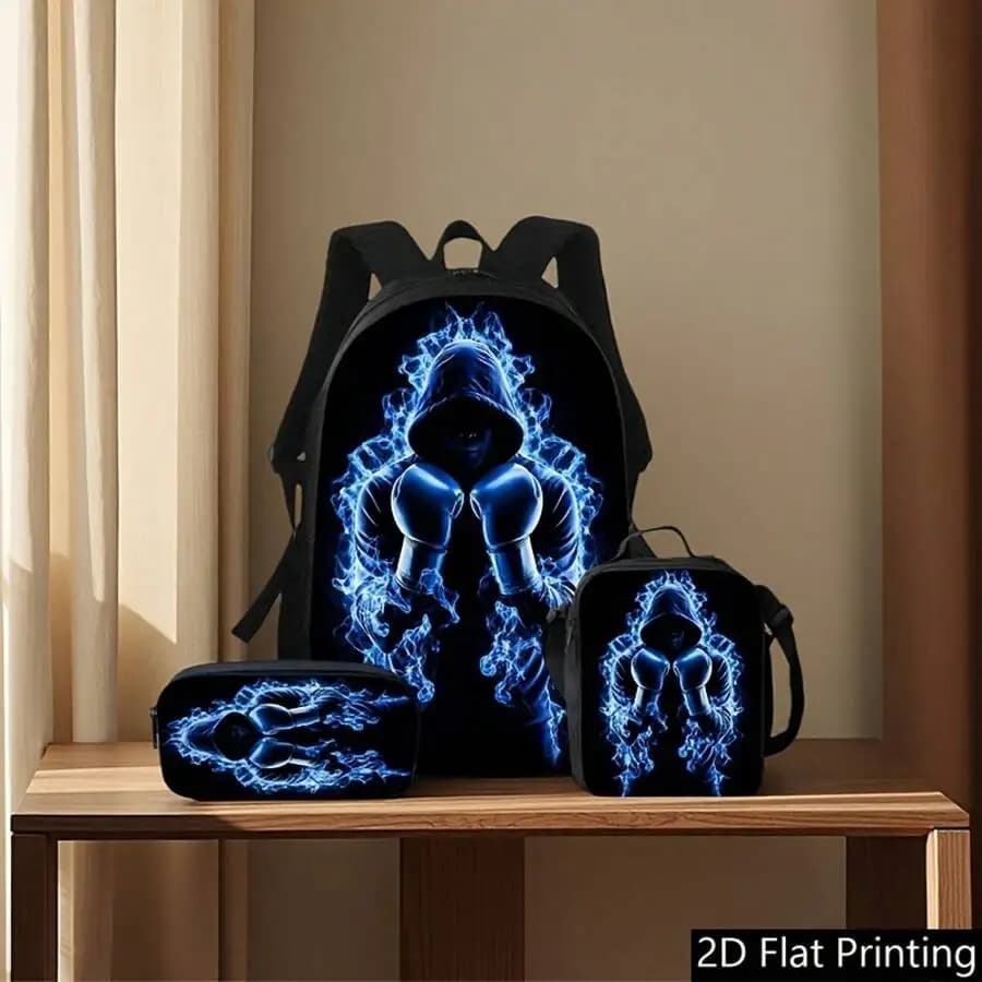 3-Piece Set Blue Flame Hooded Figure Backpack Crossbody Bag Pencil Case