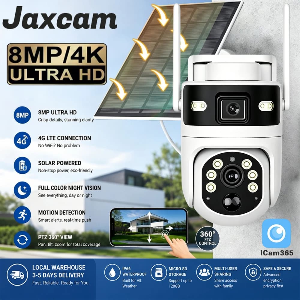 Telecamera IP PTZ Solare 4G con Doppio Schermo 8MP 4K, Doppia Lente, Rilevamento Movimento PIR, Visione Notturna a Colori, Telecamera di Sicurezza CCTV ICam365