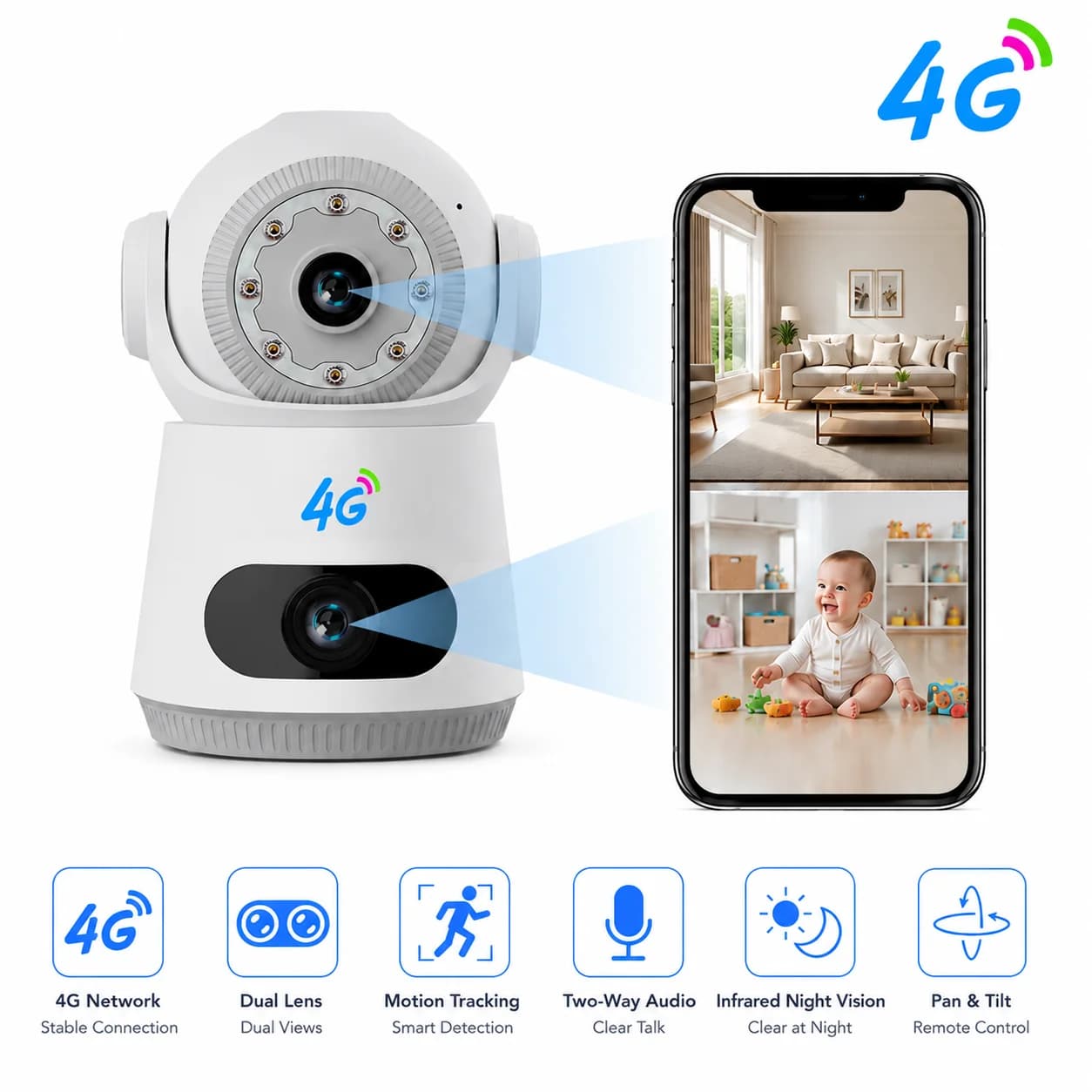 Telecamera di Sicurezza 4G HD 1080P a Doppia Lente con SIM Gratuita, Monitor per Animali Domestici e Bambini, Audio Bidirezionale, Allarme Vocale, Tracciamento Automatico del Movimento