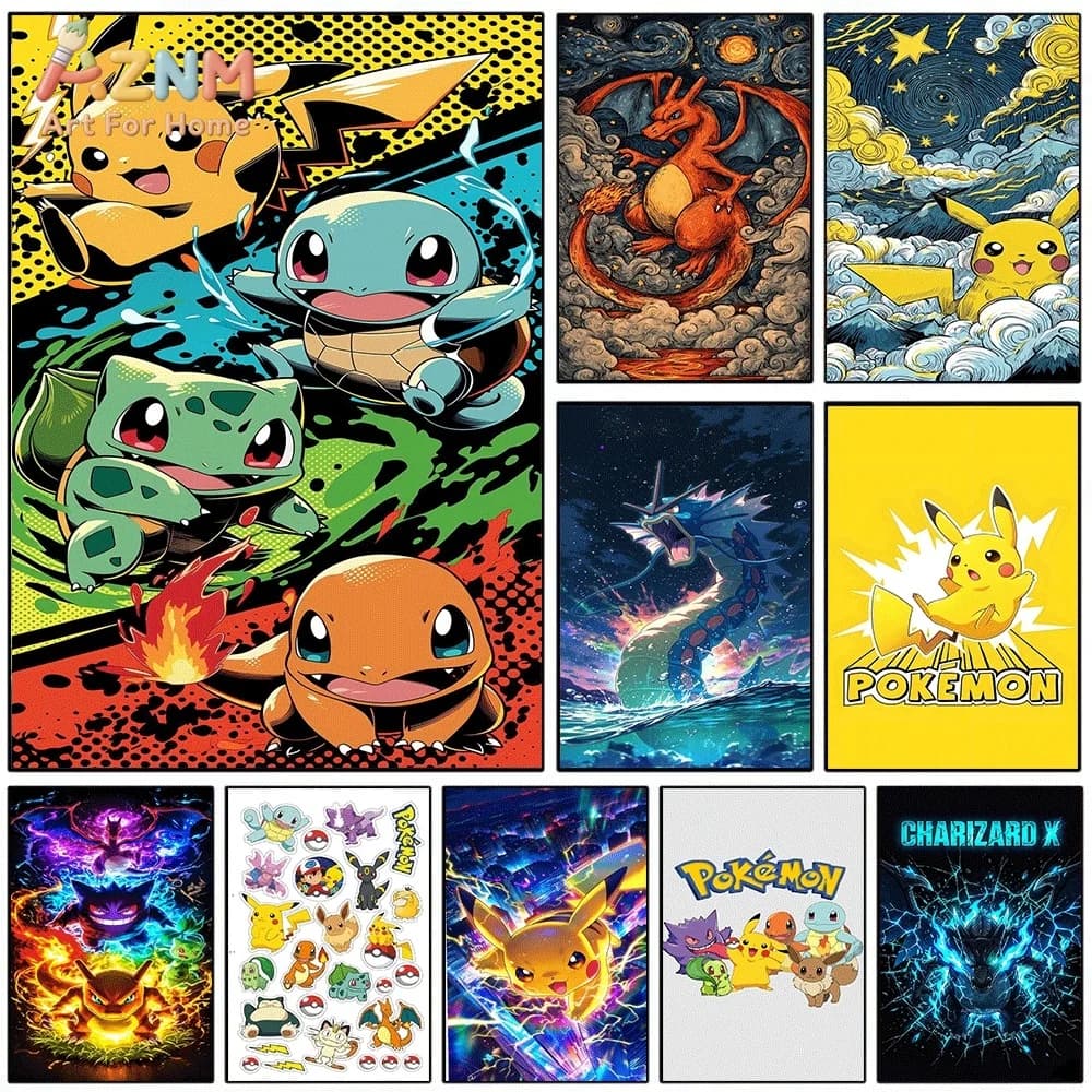 Anime Pokemon Kanto Starters Canvas Wall Art, Pop‑Style Pocket Monster Cartoon Frameless Canvas Painting for Kids Bedroom Livi