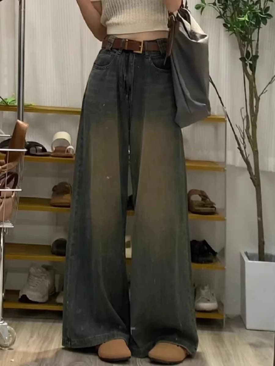 Women's wide leg jeans strong sizes, American High Street style, vintage, wide fit, high waist, long straight trousers, floor length