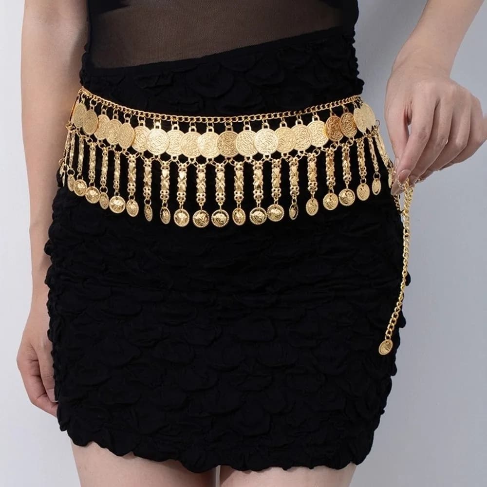 Alloy Metal Coin Waist Chain Adjustable Tassel Belly Belt Vintage Unique 2-in-1 Necklace Hair Accessories Women Ladies