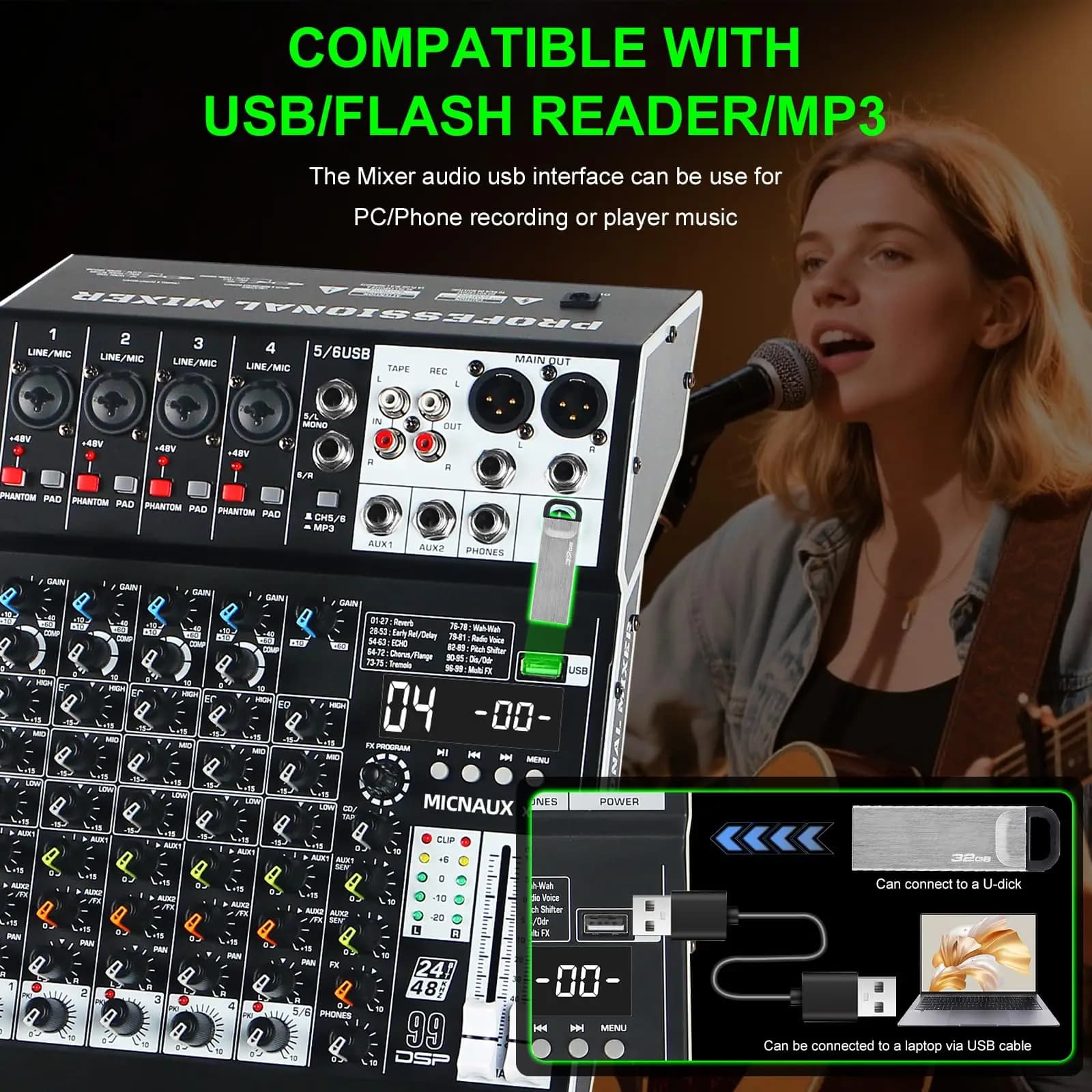 FULODE 6-Channel Pro DJ Audio Mixer 99 DSP Effects USB Bluetooth 48V Phantom PAD for Recording Karaoke PA Drum Live Music