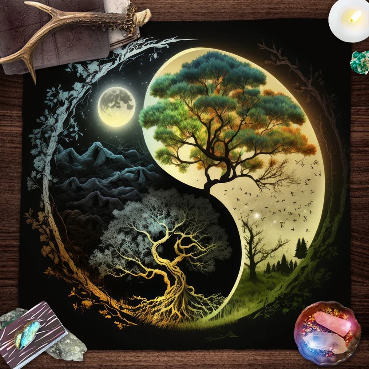 Tree of Life Altar Cloth Tarot Card Mat Mystical Witchcraft Cat Divination Tarot Tablecloth For Spread Tarot Reading Home Decor