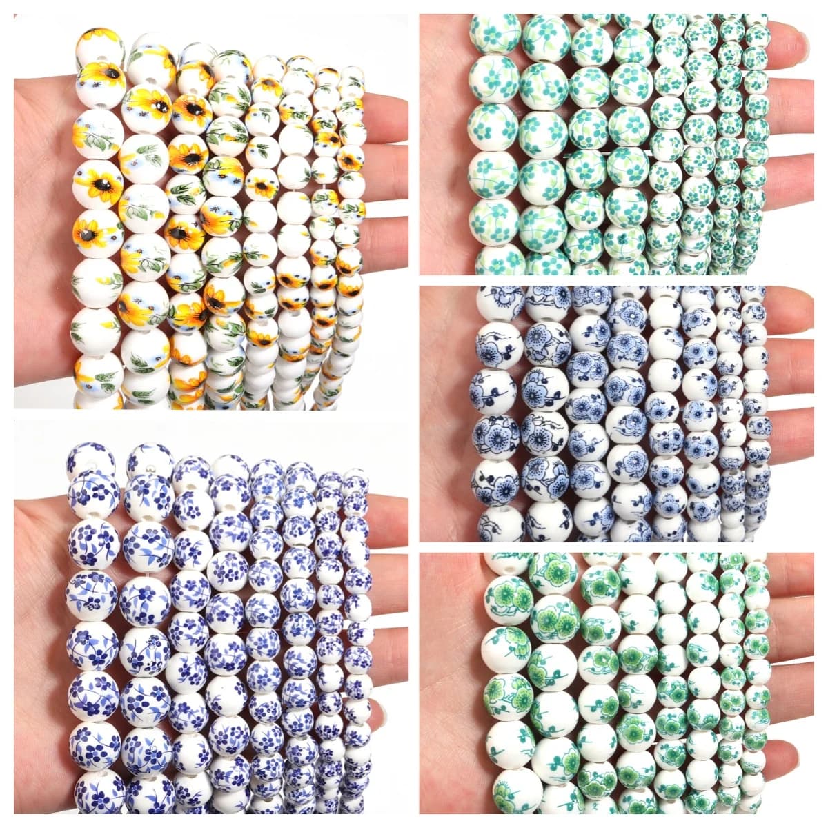 1 Filo di Perle Rotonde in Ceramica Millefiori, Perle a Fiore 8 10 12mm, Perle Sciolte in Porcellana con Foro Grande, Componenti Fai da Te per Orecchini e Gioielli Fatti a Mano