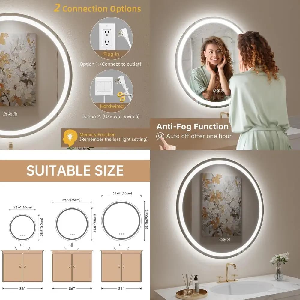 Specchio da bagno rotondo a LED da 32 pollici con luci, specchio a LED circolare per bagno, dimmerabile, 3 colori cangianti, infrangibile