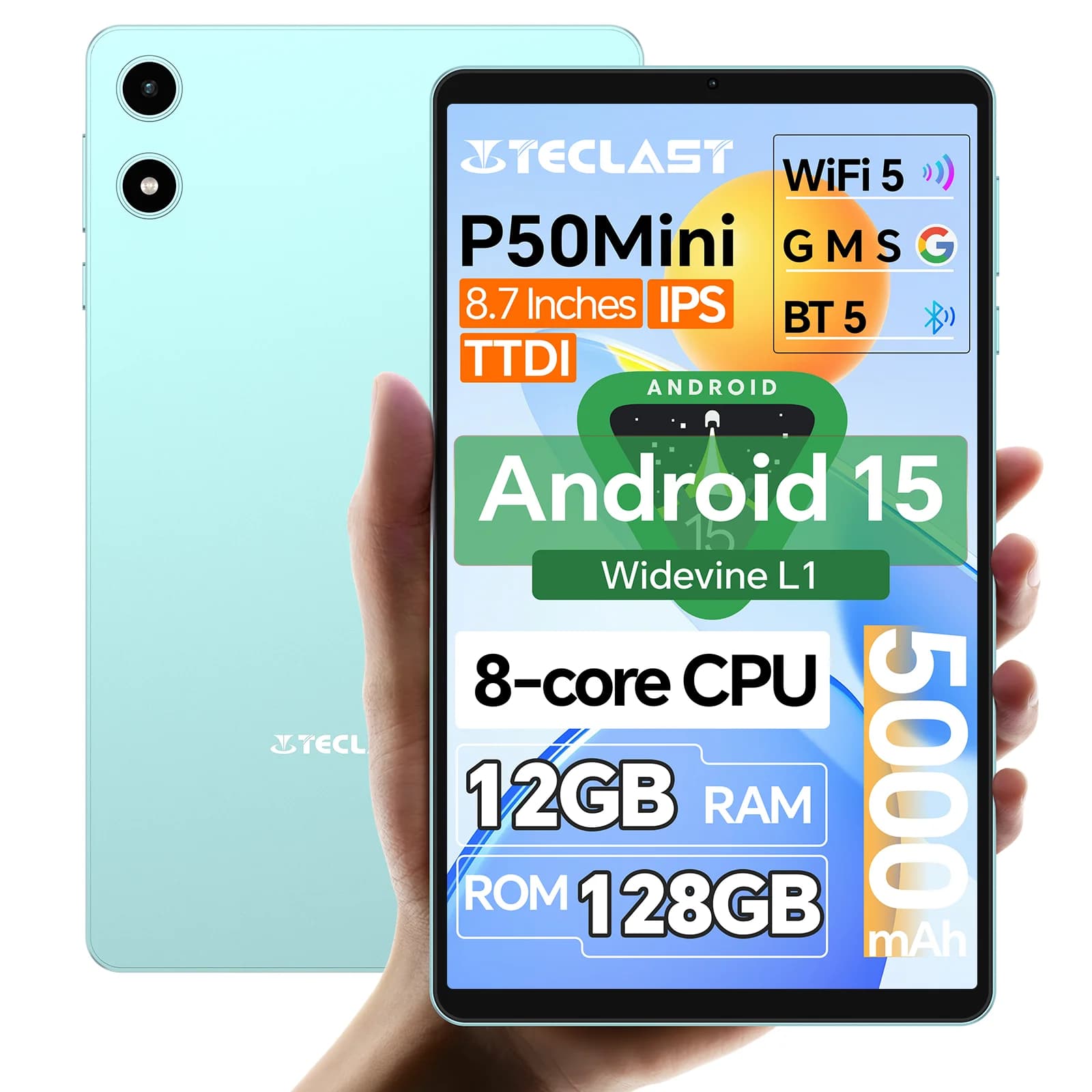 Teclast P50 Mini Tablet 8.7" Android 15, 12GB (4+8GB Espandibili) RAM, 128GB ROM (Espandibile fino a 1TB), T606 8-Core, 5000mAh, Widevine L1, Type-C, GPS