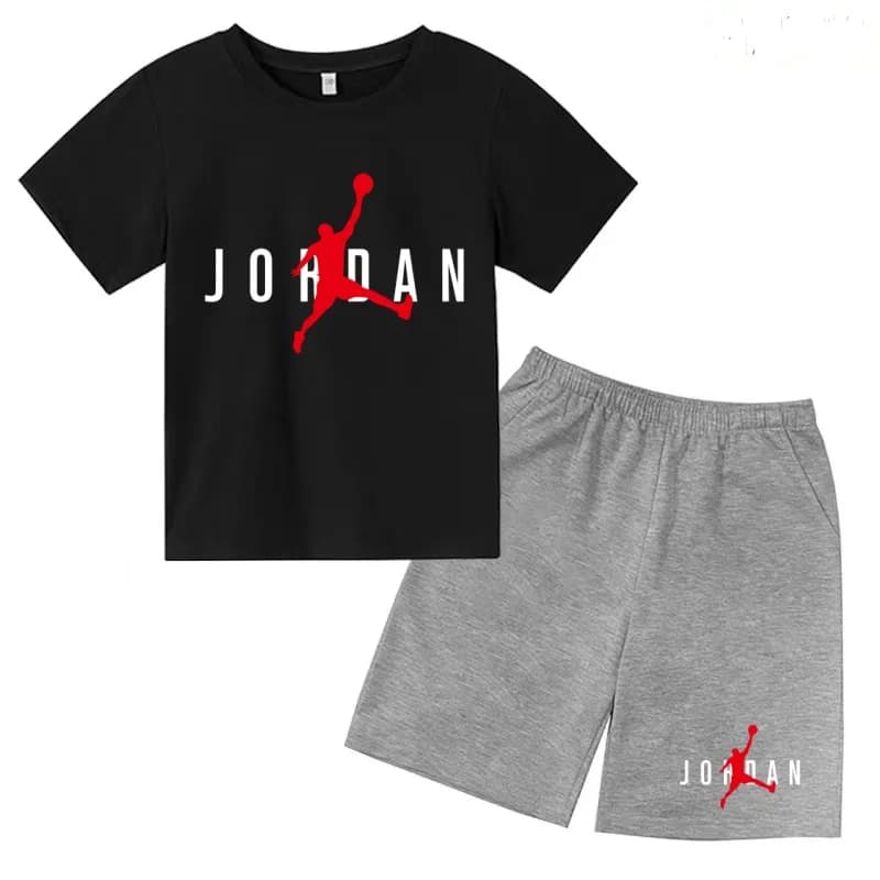 T-shirt nera con scollo rotondo per bambini, t-shirt nera + pantaloncini da allenamento per basket, a maniche corte, per bambini e bambine, da 3 a 12 anni, set casual sportivo estivo