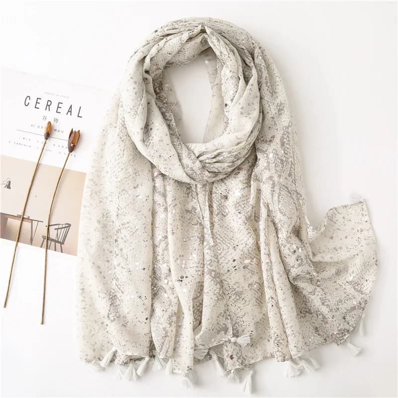 New Printed Scarf Snakeskin Effect for Women, Spring Summer, European American Style, Polished Scarf with Silver Lamina in Cotton and Linen