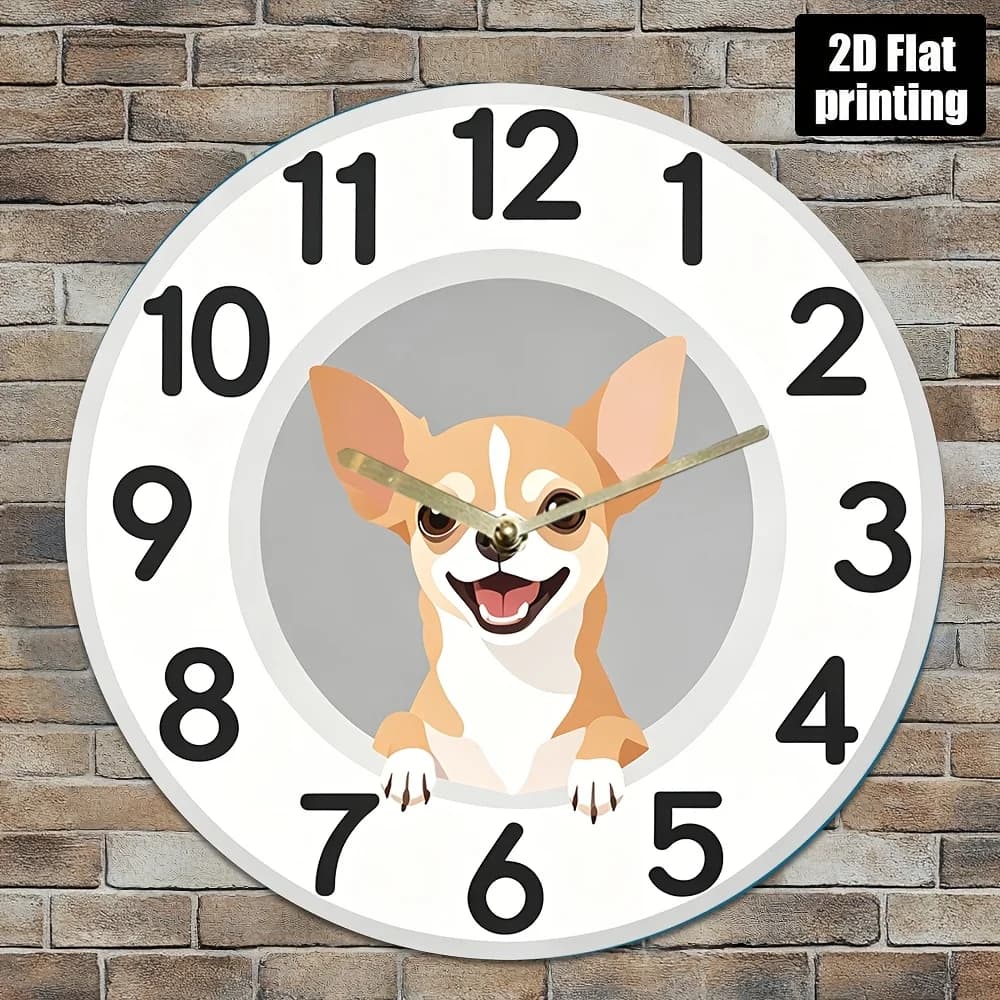 Orologio da parete silenzioso con design a forma di cane Chihuahua, 2D in plastica acrilica, rotondo, parte superiore piatta, alimentato a batteria (batteria AA non inclusa), adatto