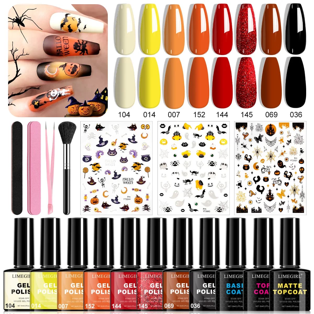 LIMEGIRL 8 colori gel smalto kit adesivi per unghie Halloween accessori UV LED Soak gel kit per unghie base e top coat smalto strumento per unghie