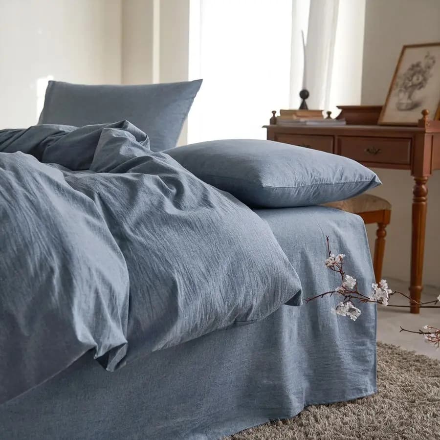 Set cotton cover, Queen Size, Chambray Denim Blue, 100 washed cotton, linen as structured, breathable beads Durevole Comfort