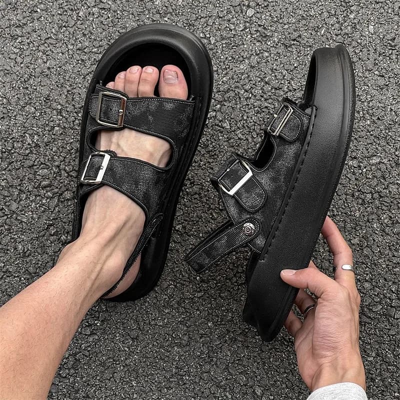 Summer Outdoor Wear Thick Soled Sandals Men's Shoes Casual Open Toe Sport Beach Dual-use Driving Denim Trendy Slippers Male