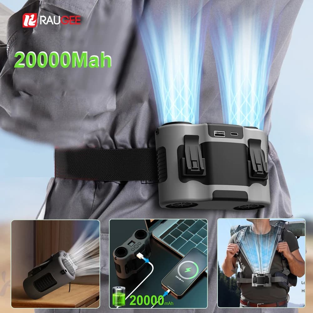 Ventilatore portatile con clip in vita Mini ventilatore sospeso ricaricabile USB indossabile per lavoro all'aperto Ventilatore a doppia uscita d'aria 20000Mah