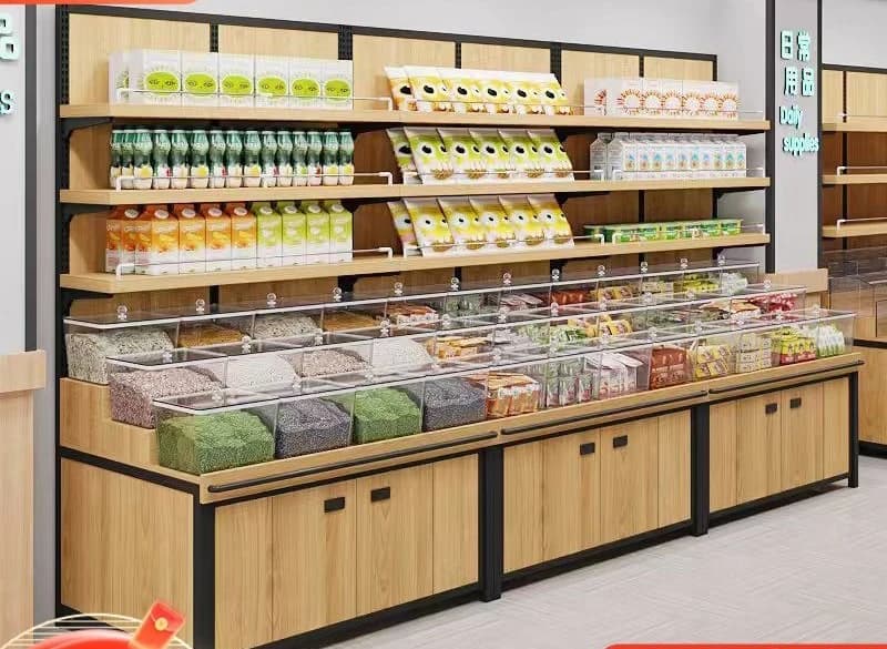 Supermarket snacks, dried fruits, shelves, grains, candies, display cabinets, bulk dry goods, rice noodles against the wall